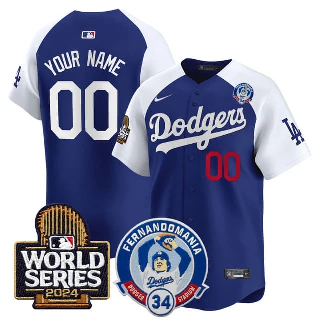 Personalized Custom Men’s Dodgers Fernando Valenzuela & 2024 World Series Patch Premier Limited Jersey V3 All Stitched Alternate Royal
