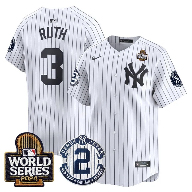 Personalized Men’s Yankees Derek Jeter Patch 2024 World Series Premier Limited Jersey All Stitched Babe Ruth #3
