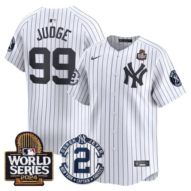 Personalized Men’s Yankees Derek Jeter Patch 2024 World Series Premier Limited Jersey All Stitched Aaron Judge #99