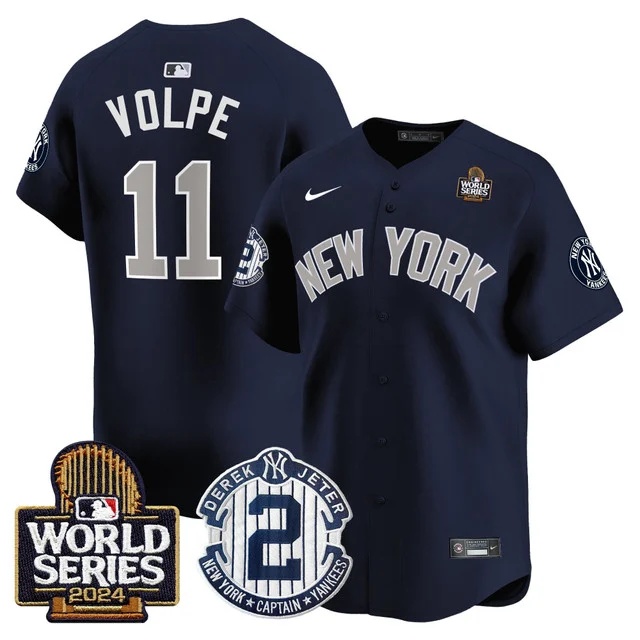 Personalized Men’s Yankees Derek Jeter Patch 2024 World Series Premier Limited Jersey All Stitched Anthony Volpe #11