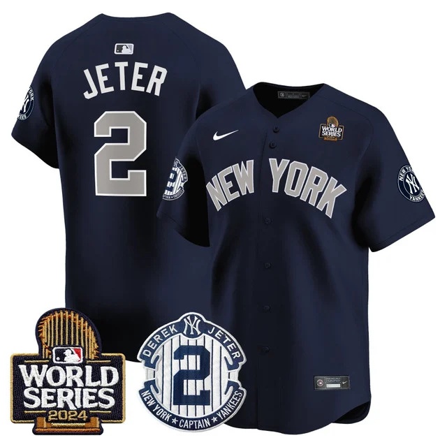 Personalized Men’s Yankees Derek Jeter Patch 2024 World Series Premier Limited Jersey All Stitched Derek Jeter #2