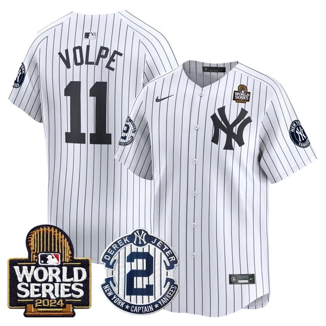 Personalized Men’s Yankees Derek Jeter Patch 2024 World Series Premier Limited Jersey All Stitched Anthony Volpe #11
