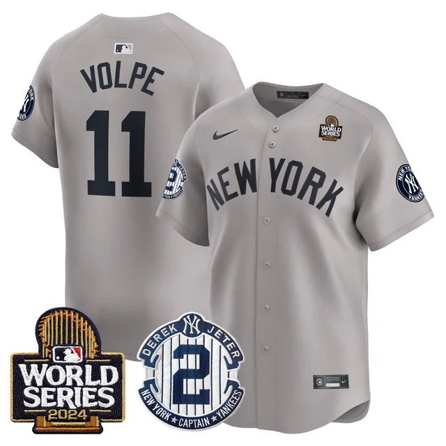 Personalized Men’s Yankees Derek Jeter Patch 2024 World Series Premier Limited Jersey All Stitched Anthony Volpe #11