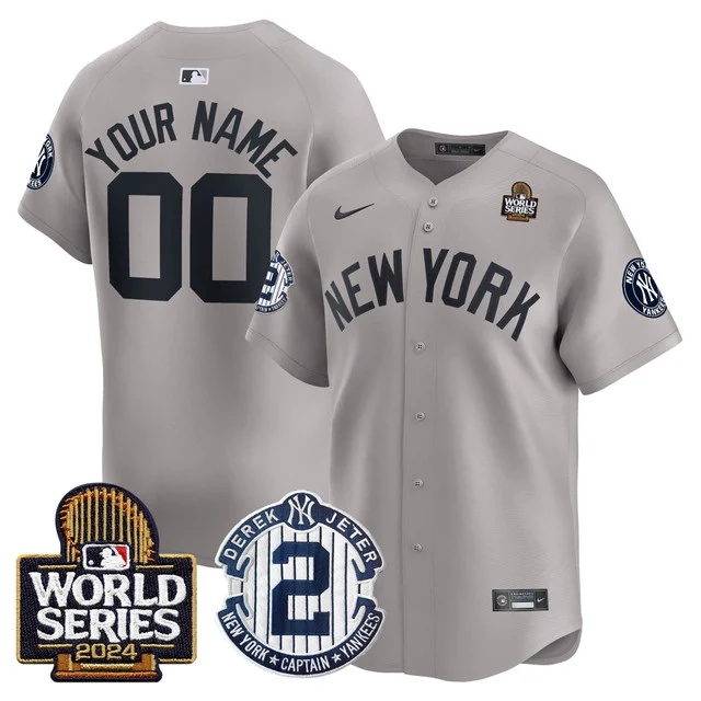 Personalized CustomMen’s Yankees Derek Jeter Patch 2024 World Series Premier Limited Jersey All Stitched Gray
