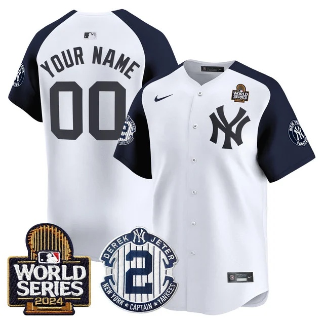 Personalized Custom Men’s Yankees Derek Jeter Patch 2024 World Series Premier Limited Jersey All Stitched White Alternate