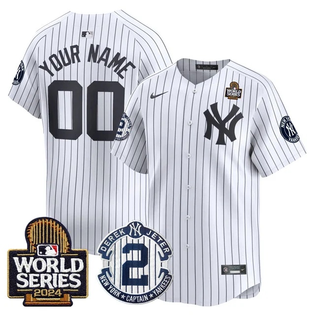 Personalized Custom Men’s Yankees Derek Jeter Patch 2024 World Series Premier Limited Jersey All Stitched Black GoldWhite