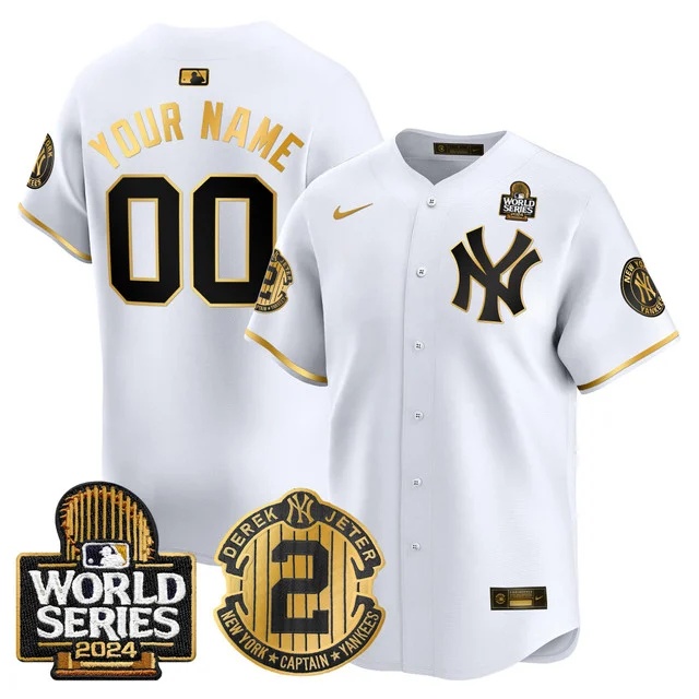 Personalized Custom Men’s Yankees Derek Jeter Patch 2024 World Series Premier Limited Jersey All Stitched Black GoldWhite Gold