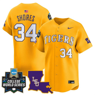 Personalized Men’s LSU Tigers #34 Chase Shores 2025 World Series Premier Limited Jersey All Stitched