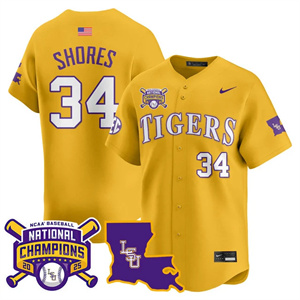 Personalized Men’s LSU Tigers #34 Chase Shores 2025 World Series Champions Limited Jersey All Stitched