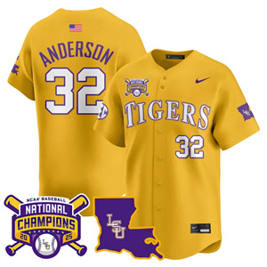 Personalized Men’s LSU Tigers #32 Kade Anderson 2025 World Series Champions Limited Jersey All Stitched