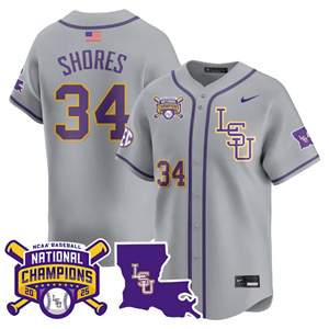 Personalized Men’s LSU Tigers #34 Chase Shores 2025 World Series Champions Limited Jersey All Stitched