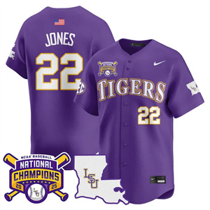 Personalized Men’s LSU Tigers #22 Jared Jones 2025 World Series Champions Limited Jersey All Stitched