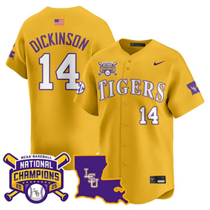 Personalized Men’s LSU Tigers #14 Daniel Dickinson 2025 World Series Champions Limited Jersey All Stitched