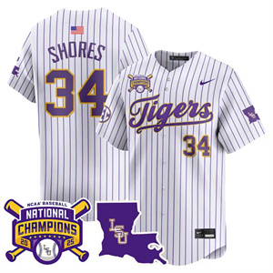 Personalized Men’s LSU Tigers #34 Chase Shores 2025 World Series Champions Limited Jersey All Stitched