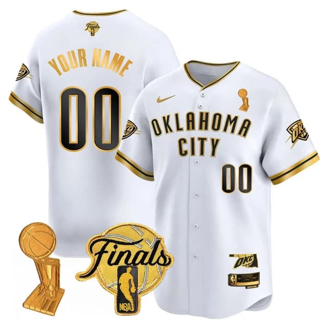 Personalized Custom Men’s Oklahoma City Thunder Final Patch White Gold Baseball Jersey All Stitched