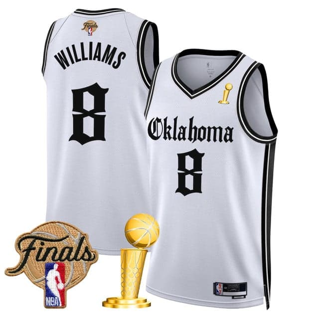 Personalized Men’s Oklahoma City Thunder #8 Jalen Williams 2025 Champions ‘Gothic Storm Edition’ Swingman Jersey All Stitched