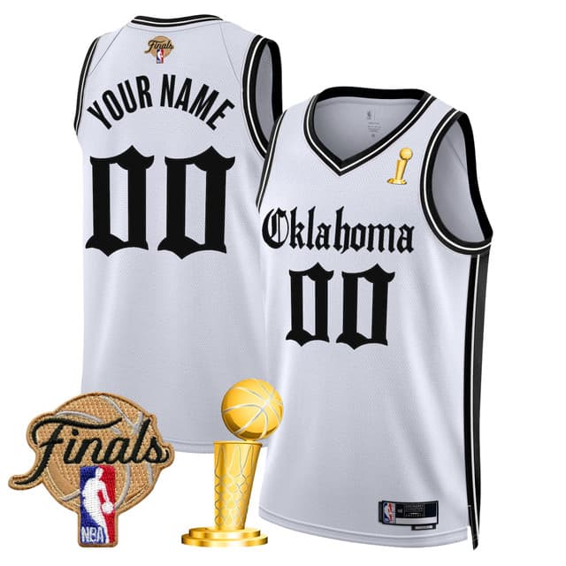 Personalized Custom Men’s Oklahoma City Thunder 2025 Champions ‘Gothic Storm Edition’ Swingman White Jersey All Stitched