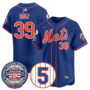 Personalized Men’s New York Mets #39 Edwin Diaz Gold Number Retirement & Hall of Fame Jersey All Stitched