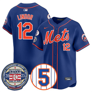 Personalized Men’s New York Mets #12 Francisco Lindor Gold Number Retirement & Hall of Fame Jersey All Stitched