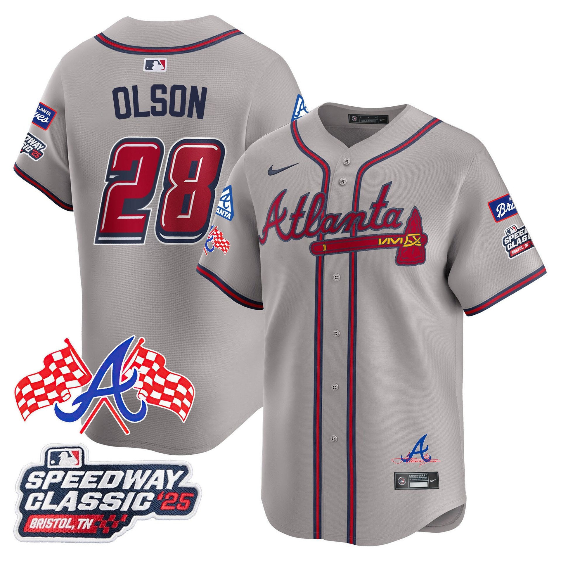 Personalized Men’s Atlanta Braves #28 Matt Olson 2025 Speedway Classic Limited Jersey V1 All Stitched