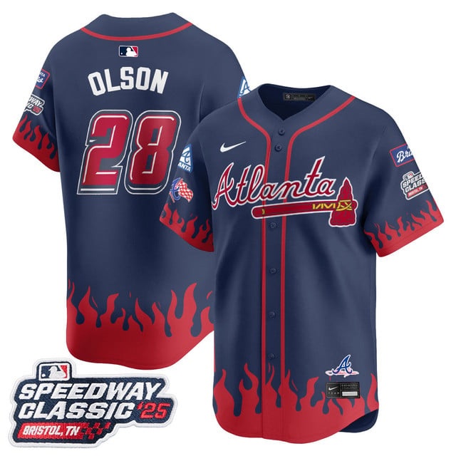 Personalized Men’s Atlanta Braves #28 Matt Olson 2025 Speedway Classic Limited Jersey V2 All Stitched