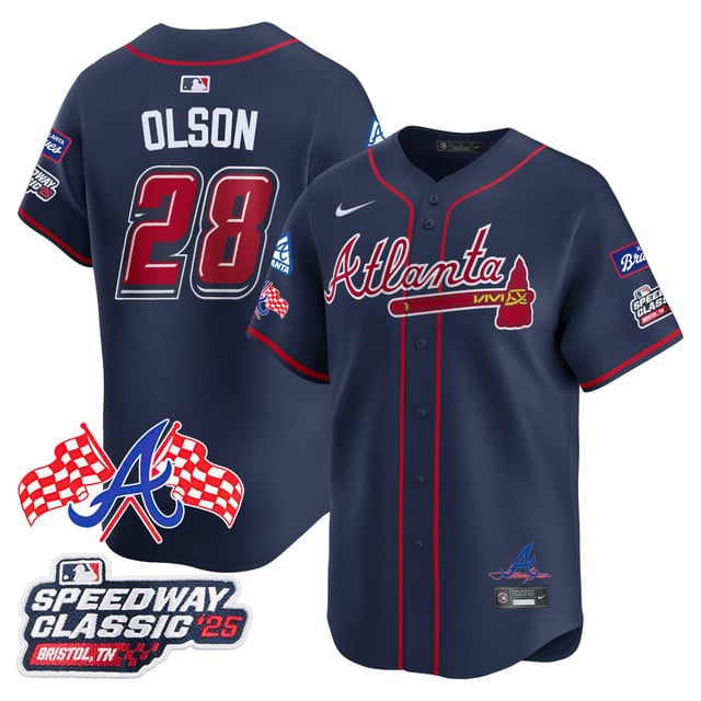Personalized Men’s Atlanta Braves #28 Matt Olson 2025 Speedway Classic Limited Jersey V1 All Stitched