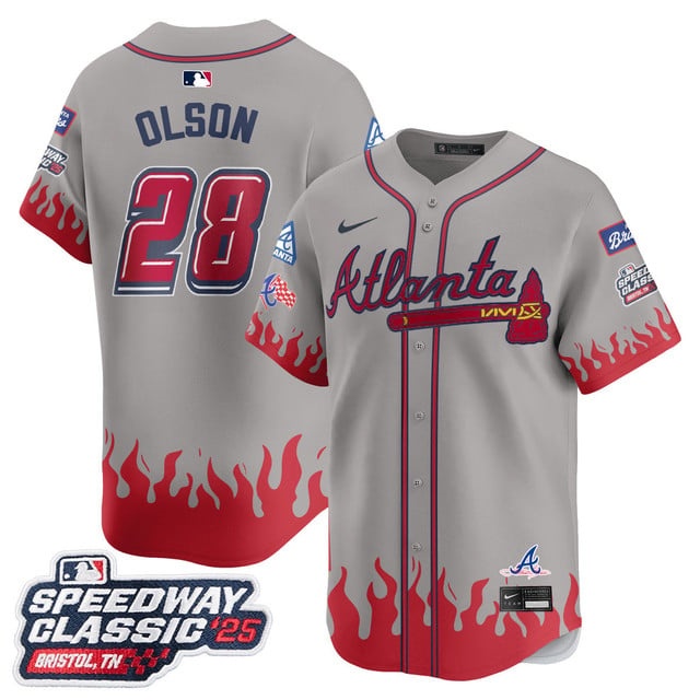 Personalized Men’s Atlanta Braves #28 Matt Olson 2025 Speedway Classic Limited Jersey V2 All Stitched