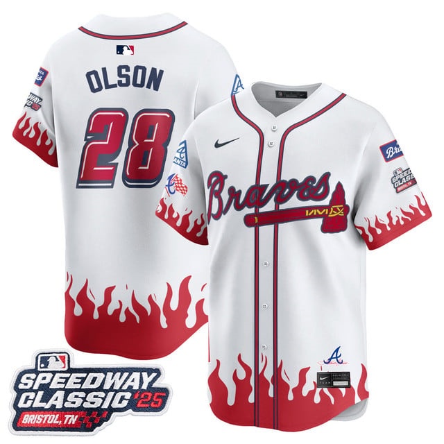 Personalized Men’s Atlanta Braves #28 Matt Olson 2025 Speedway Classic Limited Jersey V2 All Stitched