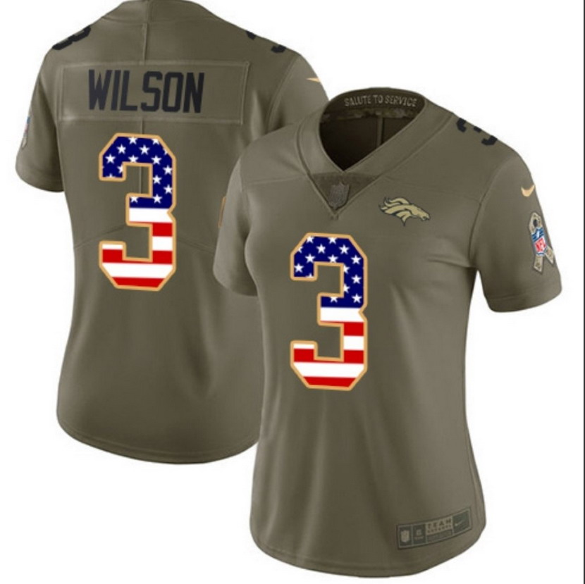 Personalized Women’s Broncos #3 Russell Wilson Olive USA Flag Stitched NFL Limited 2017 Salute To Service jersey