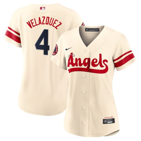 Personalized Women’s Los Angeles Angels Andrew Velazquez 2022 City Connect Cream Stitched Jersey