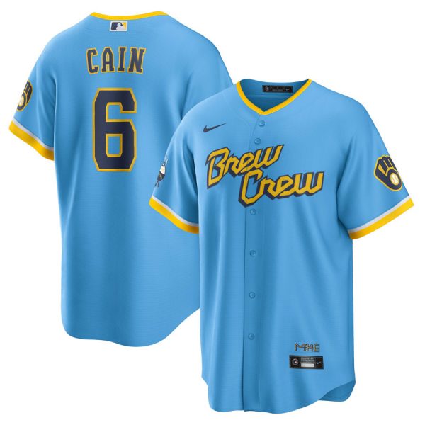 Personalized Men’s Cool Base Milwaukee Brewers Lorenzo Cain Brew Crew City Connect Powder Blue Stitched Jersey