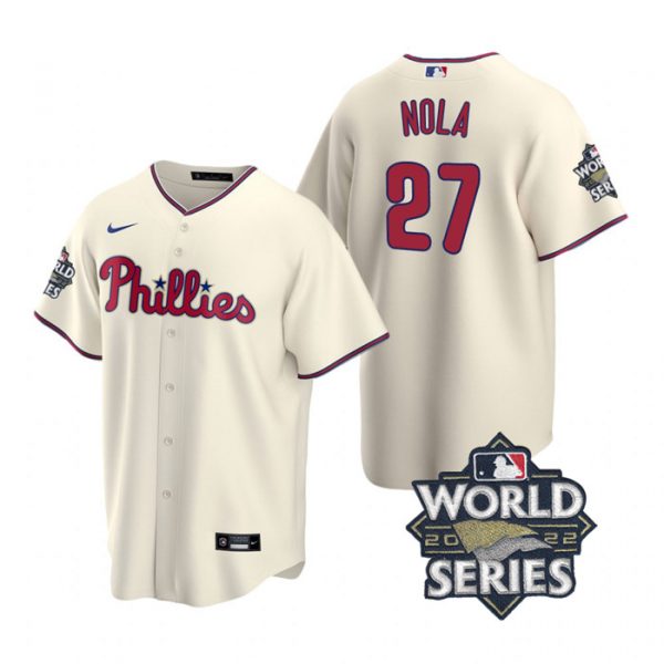 Personalized Men’s Philadelphia Phillies Aaron Nola 2022 World Series Cream Stitched Jersey