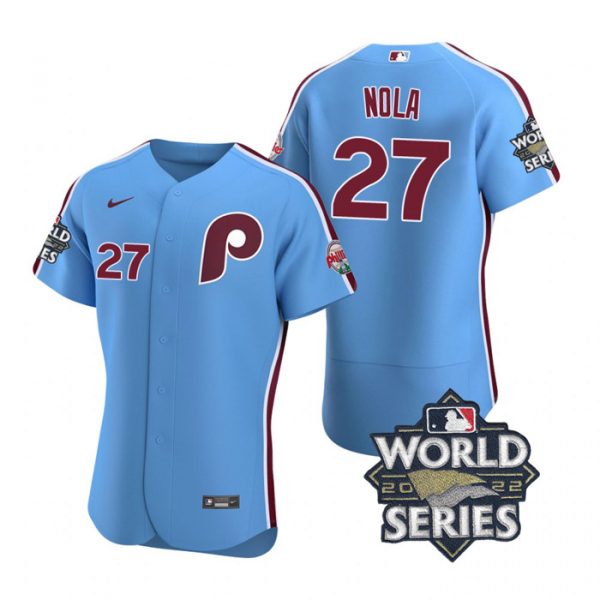 Personalized Men’s Philadelphia Phillies Aaron Nola 2022 World Series Stitched Jersey Light Blue