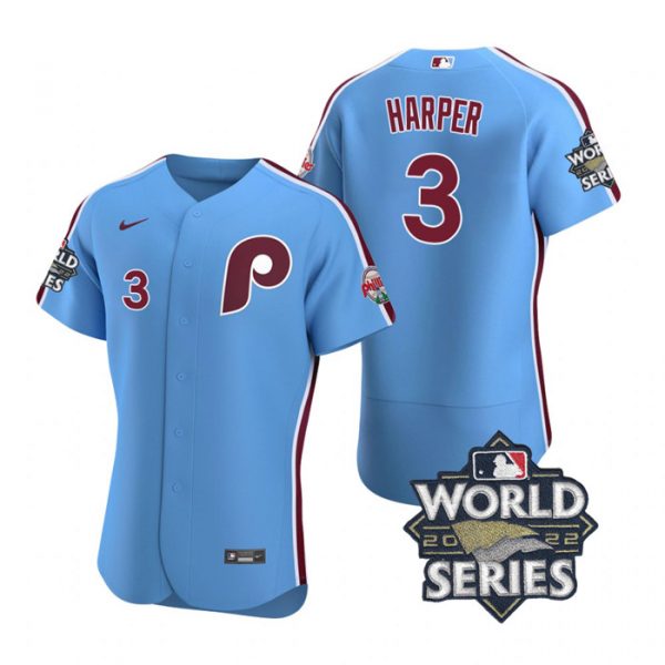 Personalized Men’s Philadelphia Phillies Bryce Harper 2022 World Series Stitched Jersey Light Blue