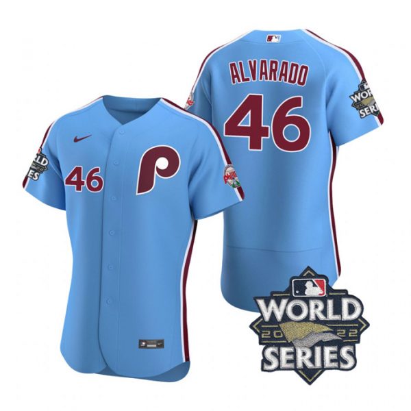 Personalized Men’s Philadelphia Phillies Jose Alvarado 2022 World Series Stitched Jersey Light Blue