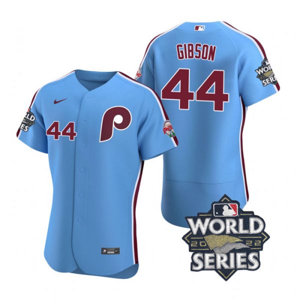 Personalized Men’s Philadelphia Phillies Kyle Gibson 2022 World Series Stitched Jersey Light Blue