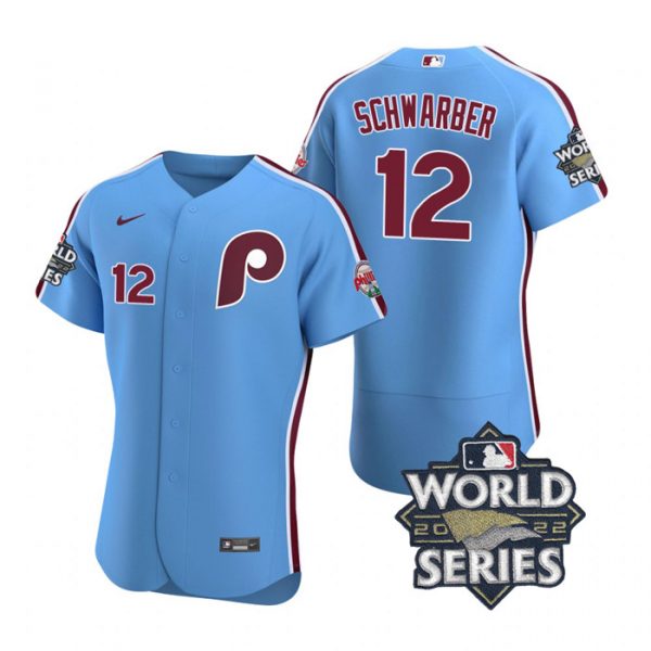 Personalized Men’s Philadelphia Phillies Kyle Schwarber 2022 World Series Stitched Jersey Light Blue