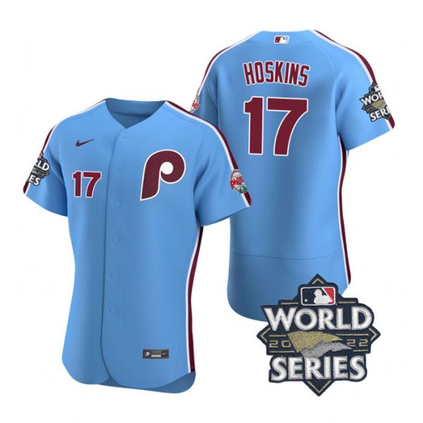 Personalized Men’s Philadelphia Phillies Rhys Hoskins 2022 World Series Stitched Jersey Light Blue