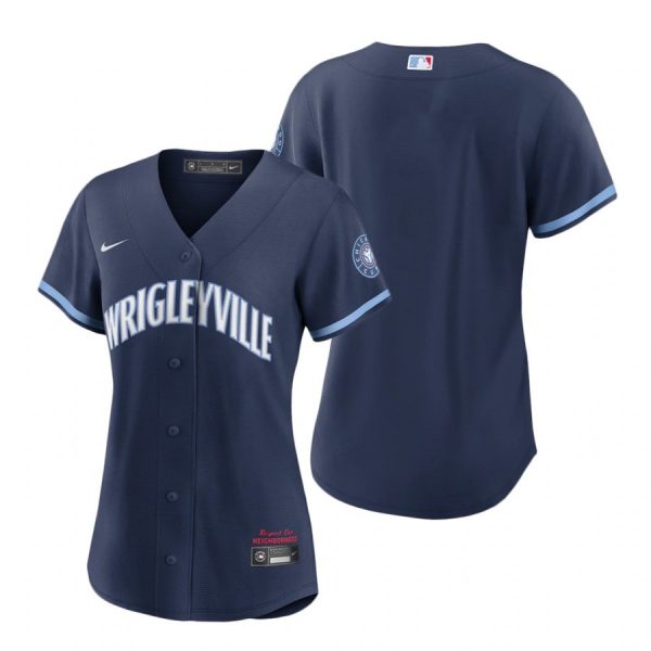 Personalized Women Chicago Cubs Blank City Connect Wrigleyville Jersey Navy Stitched