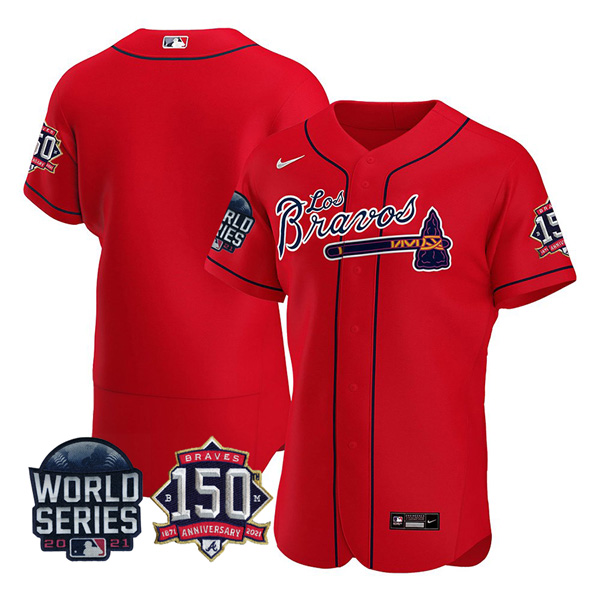 Personalized Men’s Atlanta Braves Blank Los Bravos 2021 World Series Stitched Jersey – Red