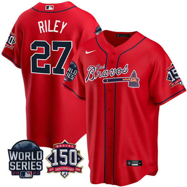 Personalized Men’s Atlanta Braves Austin Riley Los Bravos 2021 World Series Stitched Jersey – Red
