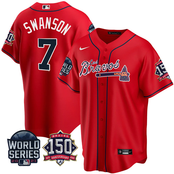 Personalized Men’s Atlanta Braves Dansby Swanson Los Bravos 2021 World Series Stitched Jersey – Red