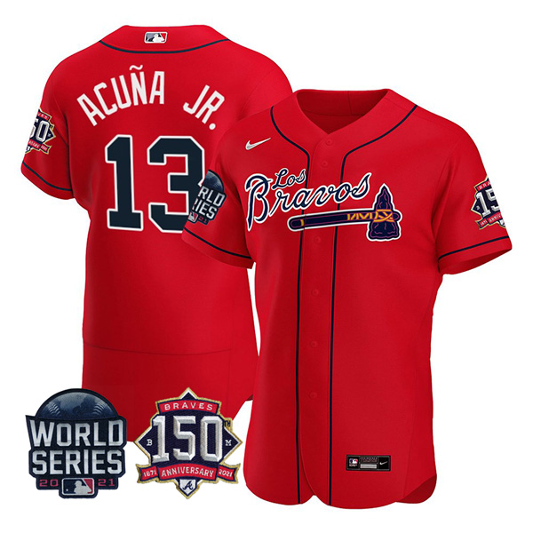Personalized Men’s Atlanta Braves Ronald Acuna Jr. Los Bravos 2021 World Series Stitched Jersey – Red