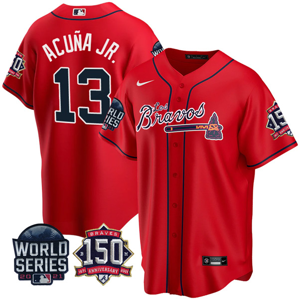 Personalized Men’s Atlanta Braves Ronald Acuna Jr. Los Bravos 2021 World Series Stitched Jersey – Red