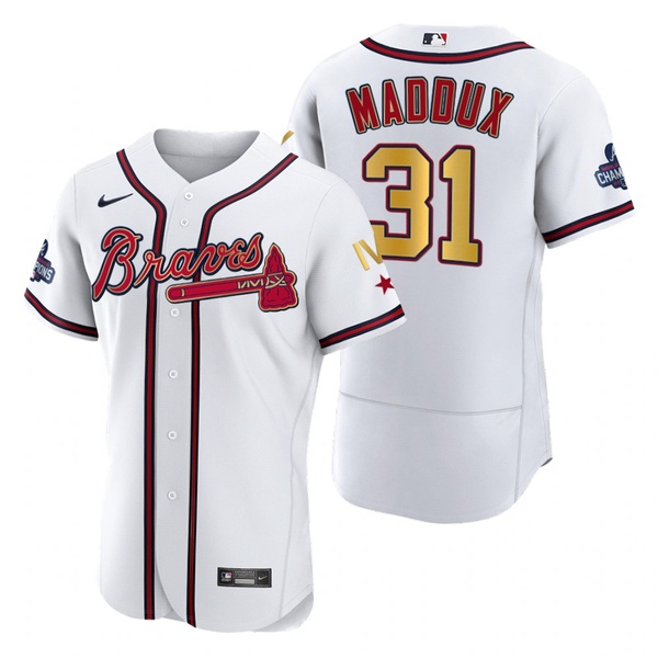 Personalized Men’s Atlanta Braves Greg Maddux 2022 White Gold Program 4-Time World Series Champions Jersey