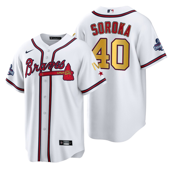 Personalized Men’s Atlanta Braves Mike Soroka 2022 White Gold Program 4-Time World Series Champions Jersey