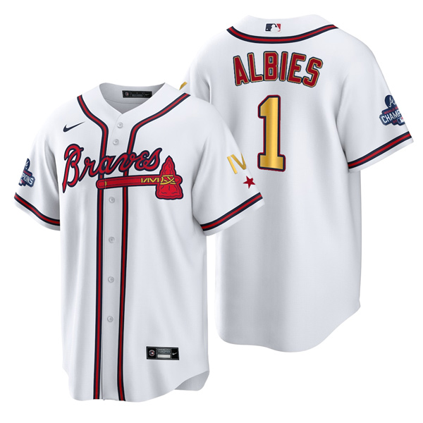 Personalized Men’s Atlanta Braves Ozzie Albies 2022 White Gold Program 4-Time World Series Champions Jersey