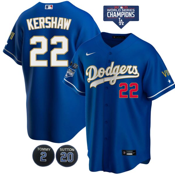 Personalized Men’s Los Angeles Dodgers Clayton Kershaw Jersey World Series Champions Special Edition Royal Gold