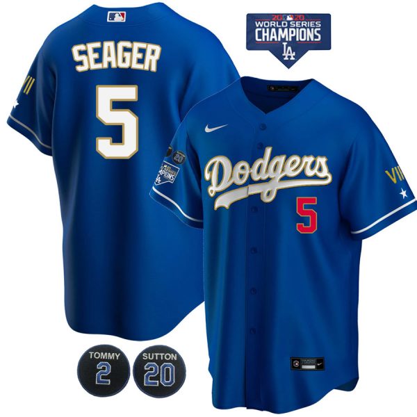 Personalized Men’s Los Angeles Dodgers Corey Seager Jersey World Series Champions Special Edition Royal Gold