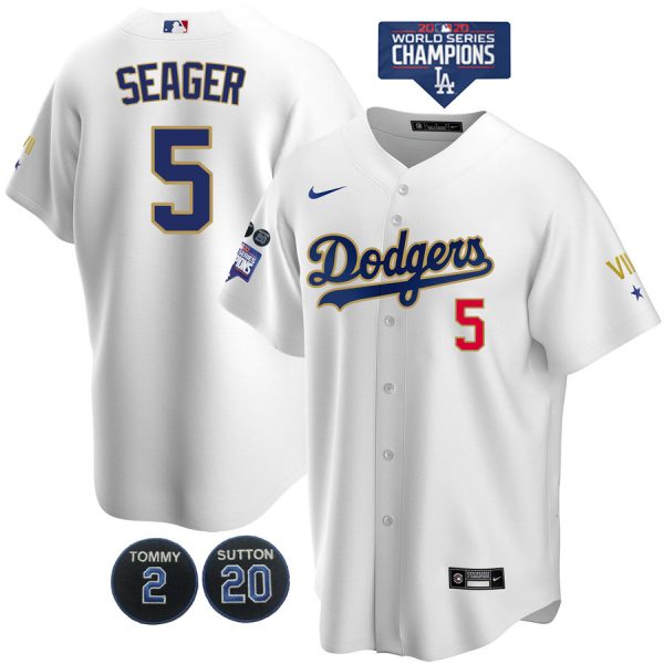 Personalized Men’s Los Angeles Dodgers Corey Seager Jersey World Series Champions Special Edition White Gold